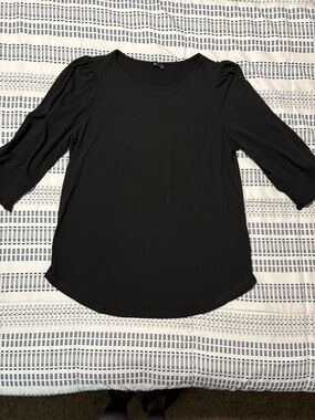 Black Puff-Sleeve Crewneck Long Sleeve Top